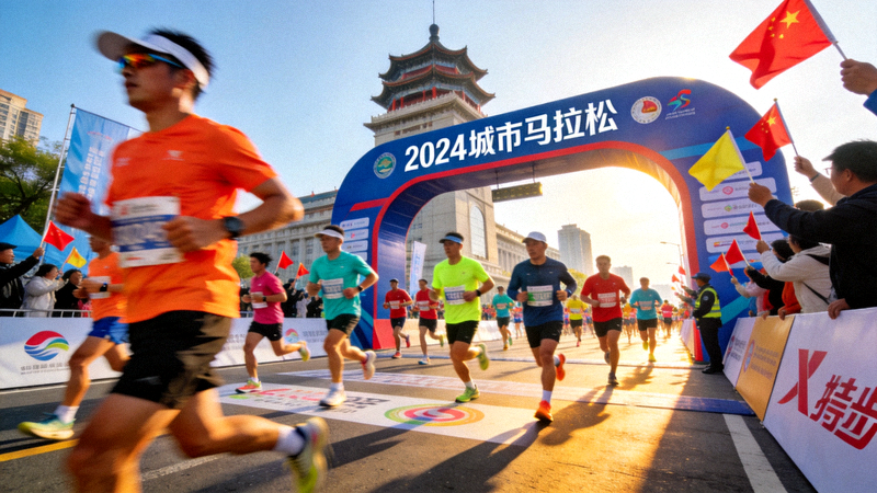 城市马拉松赛事现场 - 参赛者穿过城市地标拱门